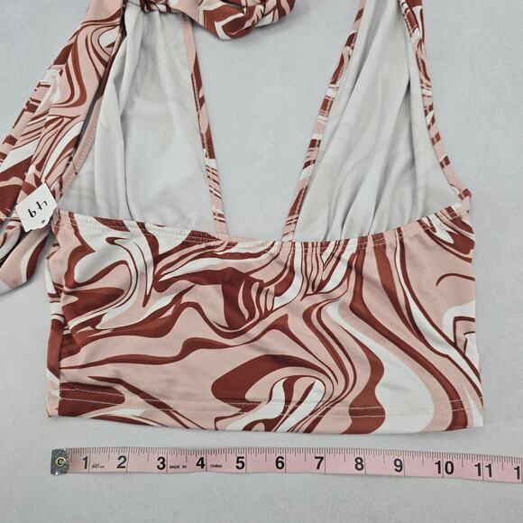 Brown Swirl Beach Boho Halter Tie Crop Short Bikini Bralette Swim Top S Small - Picture 5 of 6
